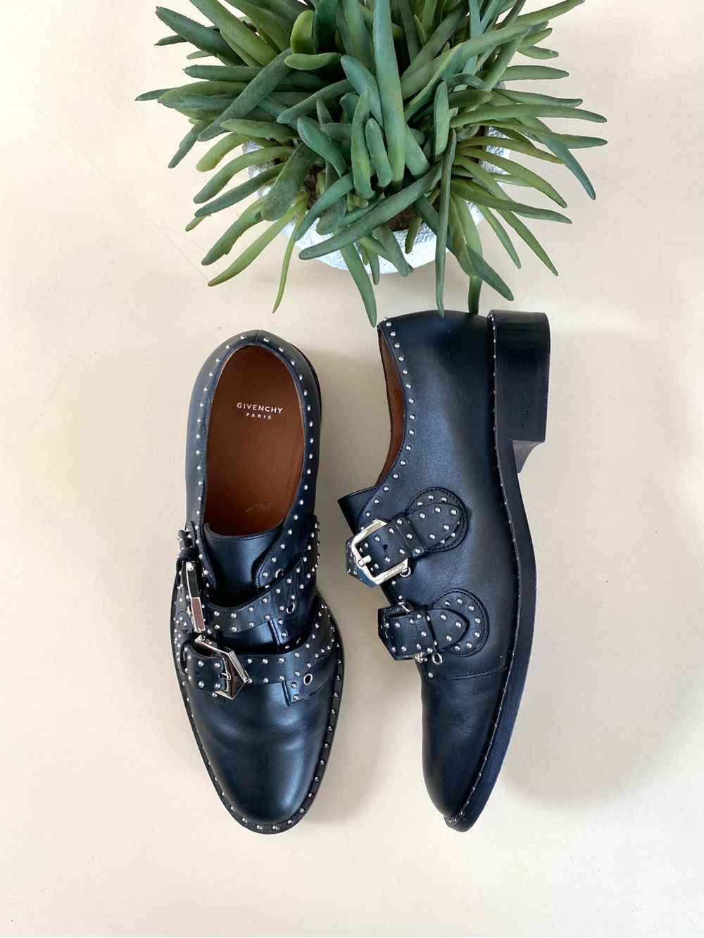 GIVENCHY - Black Leather & Metallic Studded Monk-Strap Buckle Oxfords